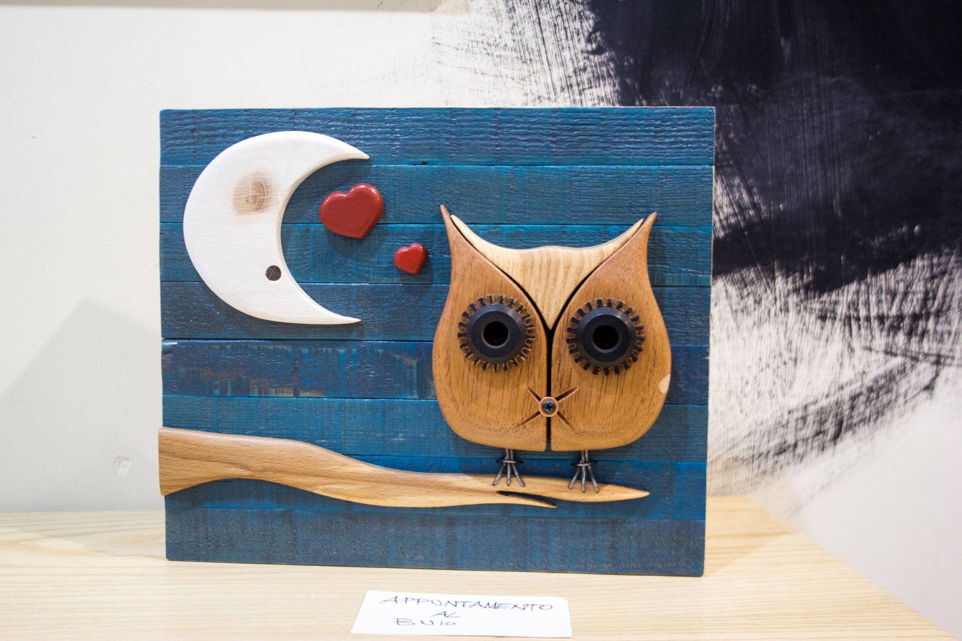 Appuntamento al Buio legno quadro gufo con luna